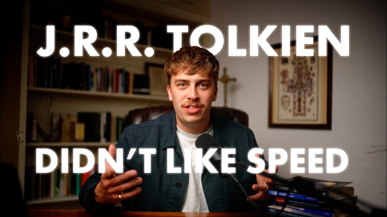 A presenter in a book-lined set lit with warm practical lamps.